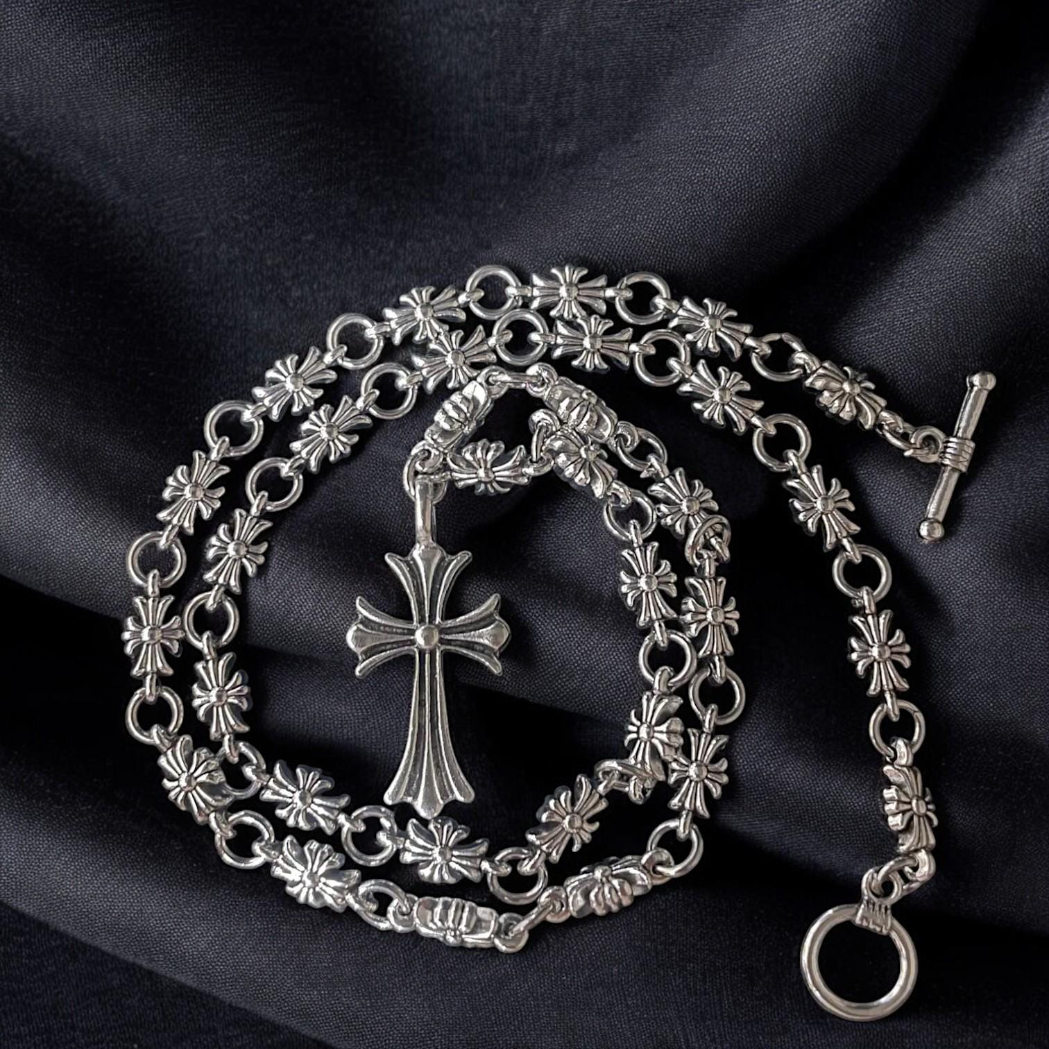 CH Gothic Rosary Necklace | Y2K Punk Cross Pendant | Chrome Chain Jewelry | Gothic Necklace for Men & Women Alt Style