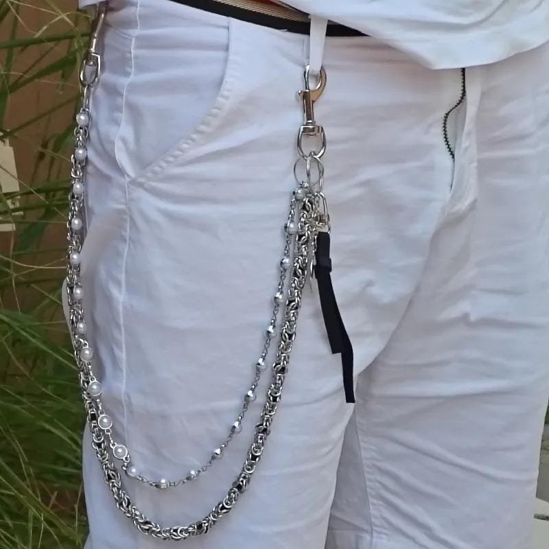Double Layered Pearl Wallet Chain | Grunge Keychain for Jeans | Punk Keyring Chain | Gothic Side Chain for Pants | Y2K Aesthetic Accessory