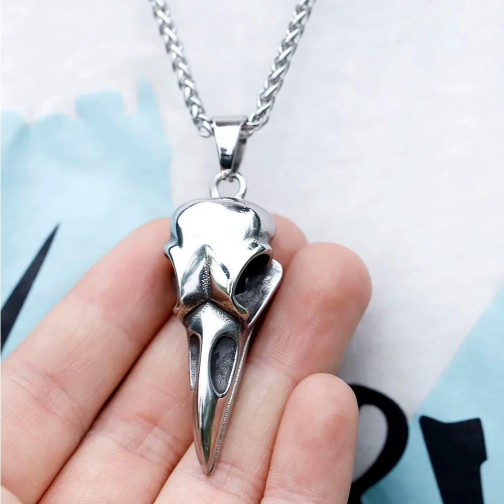 Minimal Crow Skull Necklace | Stainless Steel Raven Skull Pendant | Gothic Silver Necklace for Men | Alternative Fashion | Gift for Him