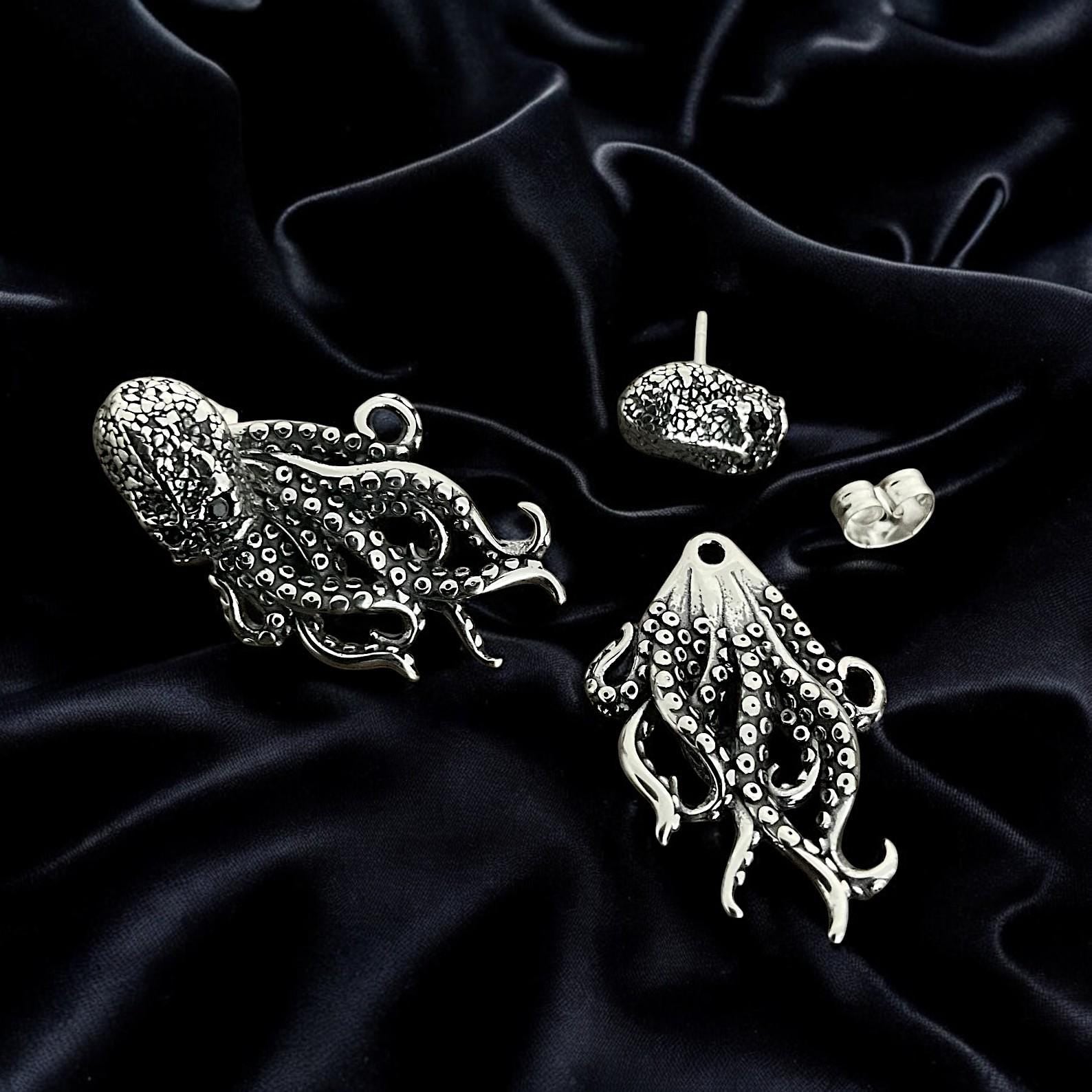 Gothic Octopus Stud Earrings | Mystical Tentacle Jewelry | Small Dainty Studs | Alternative Black Earrings for Men & Women