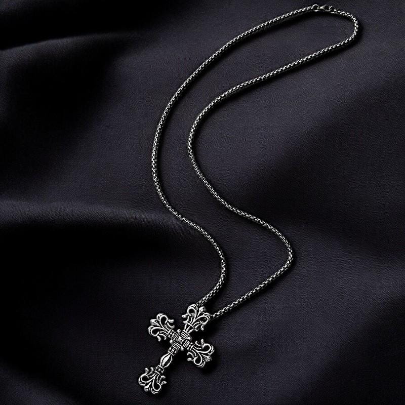 Large Gothic Cross Pendant Necklace | Silver Red Statement Jewelry | Punk Fashion Charm | Religious Cross Necklace | Gift for Women