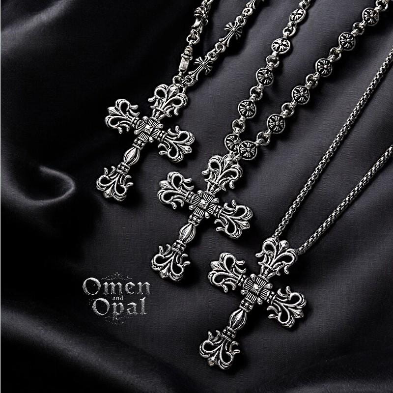 Large Gothic Cross Pendant Necklace | Silver Red Statement Jewelry | Punk Fashion Charm | Religious Cross Necklace | Gift for Women