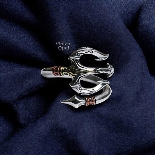 Sea God Trident Ring for Men | Silver Open Ring | Poseidon Hip Hop Gothic Jewelry | Retro Statement Ring | Mythical Gift for Him