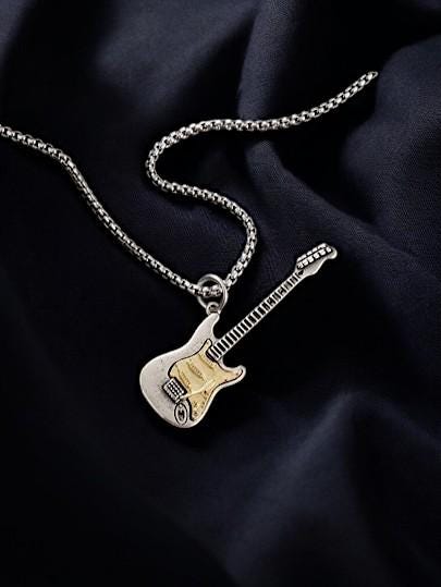 925 Gothic Guitar Necklace | Handmade Oxidized Silver Pendant | Stainless Steel Rock Jewelry | Guitar Charm Necklace | Gift for Men & Women