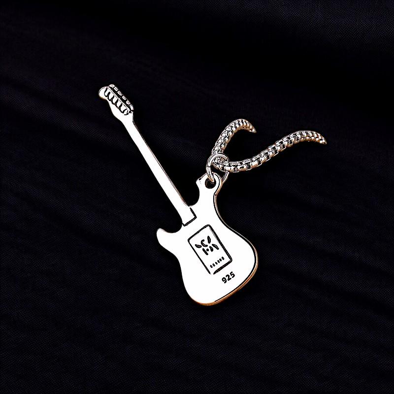 925 Gothic Guitar Necklace | Handmade Oxidized Silver Pendant | Stainless Steel Rock Jewelry | Guitar Charm Necklace | Gift for Men & Women