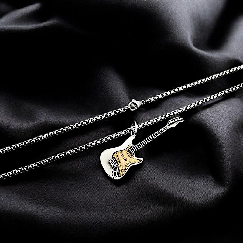 925 Gothic Guitar Necklace | Handmade Oxidized Silver Pendant | Stainless Steel Rock Jewelry | Guitar Charm Necklace | Gift for Men & Women