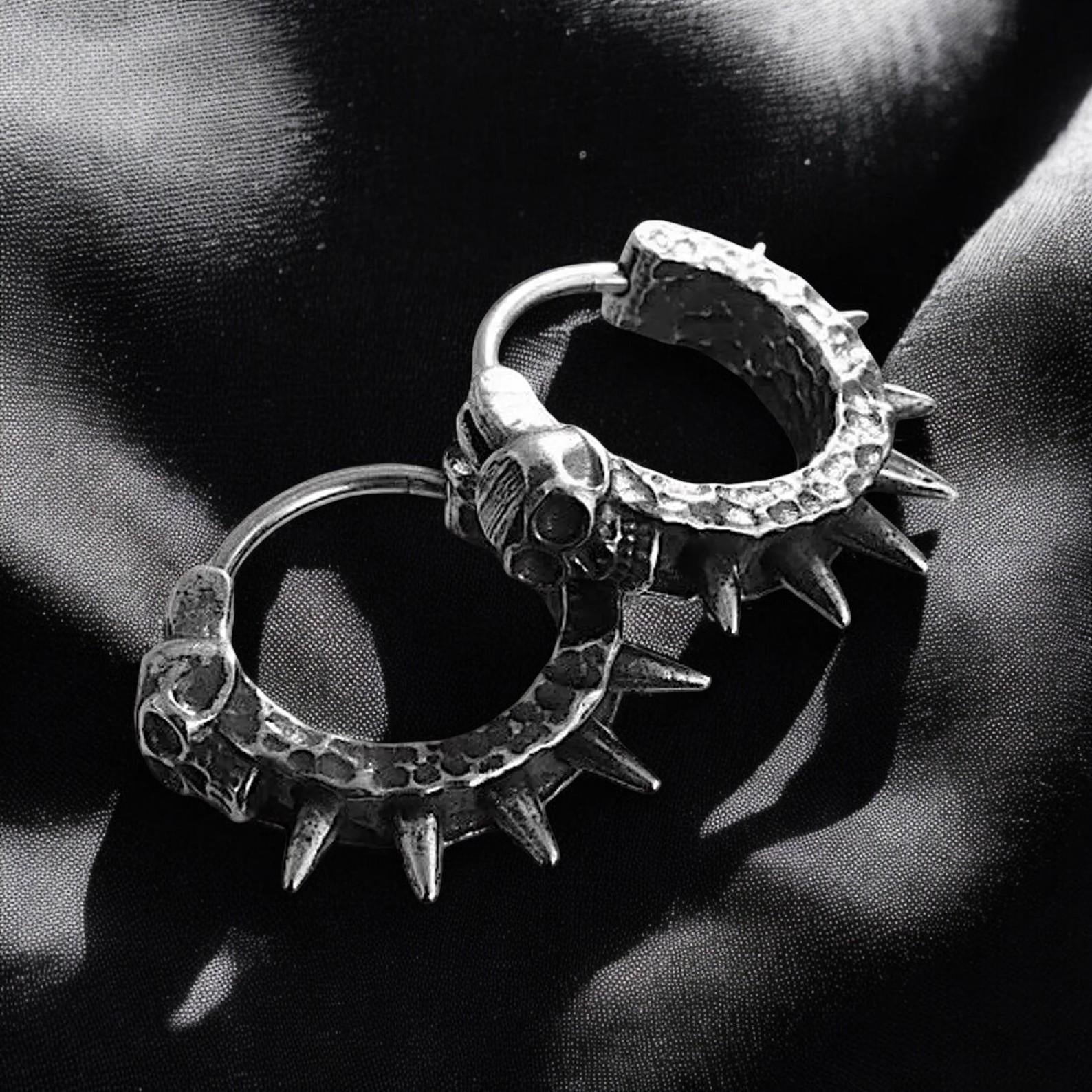 Retro Gothic Skull Rivet Hoop Earrings | Punk Spike Hoop Earrings for Men | Hip Hop Rock Jewelry | Alternative Gothic Gift for Him