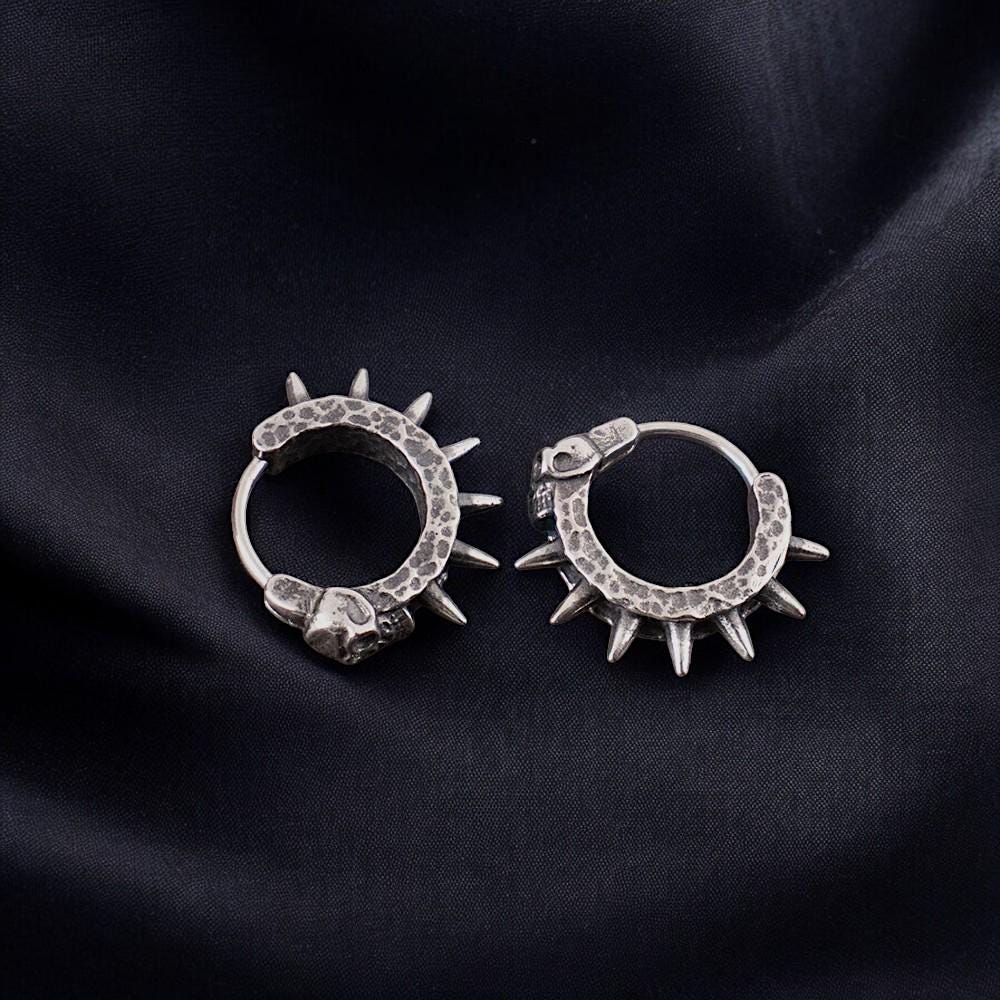 Retro Gothic Skull Rivet Hoop Earrings | Punk Spike Hoop Earrings for Men | Hip Hop Rock Jewelry | Alternative Gothic Gift for Him