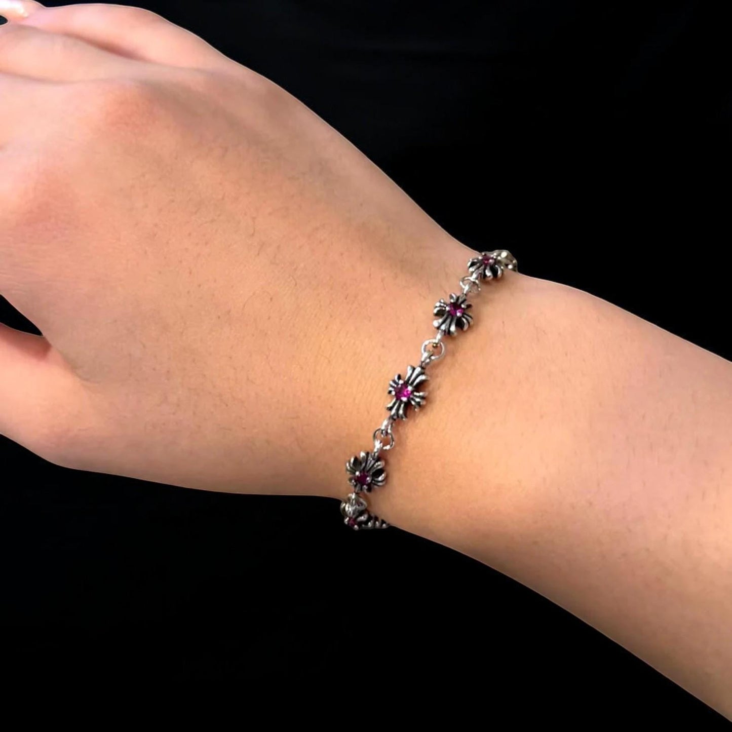 CH Gothic Y2K Punk Cross Bracelet | Pink Diamond Birthstone Charm | Chrome Hearts Minimalist Jewelry | Edgy Aesthetic Gift for Men & Women