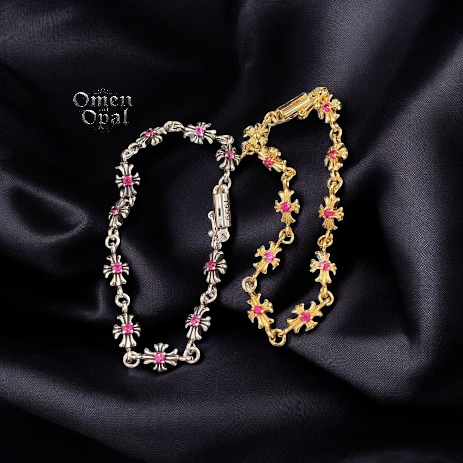 CH Gothic Y2K Punk Cross Bracelet | Pink Diamond Birthstone Charm | Chrome Hearts Minimalist Jewelry | Edgy Aesthetic Gift for Men & Women