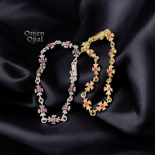 CH Gothic Y2K Punk Cross Bracelet | Pink Diamond Birthstone Charm | Chrome Hearts Minimalist Jewelry | Edgy Aesthetic Gift for Men & Women