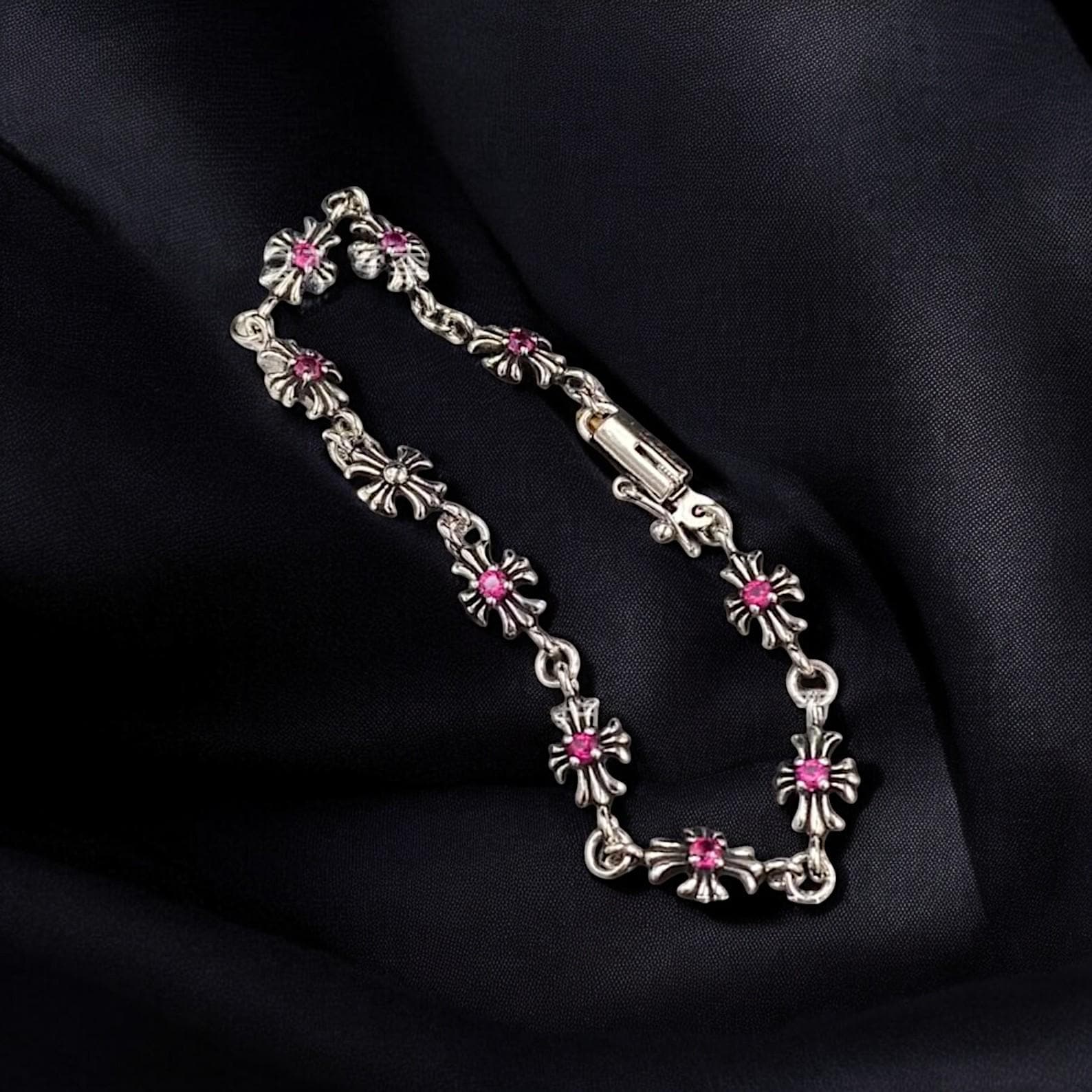 CH Gothic Y2K Punk Cross Bracelet | Pink Diamond Birthstone Charm | Chrome Hearts Minimalist Jewelry | Edgy Aesthetic Gift for Men & Women
