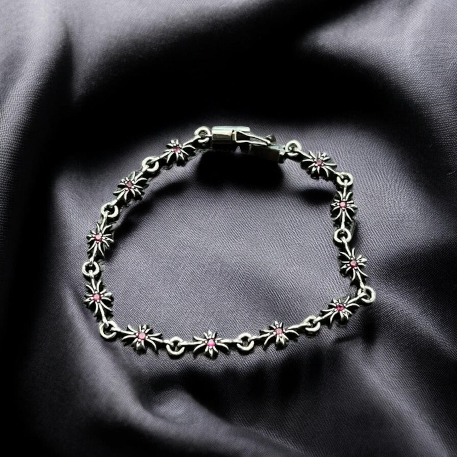 CH Gothic Y2K Punk Cross Bracelet | Pink Diamond Birthstone Charm | Chrome Hearts Minimalist Jewelry | Edgy Aesthetic Gift for Men & Women