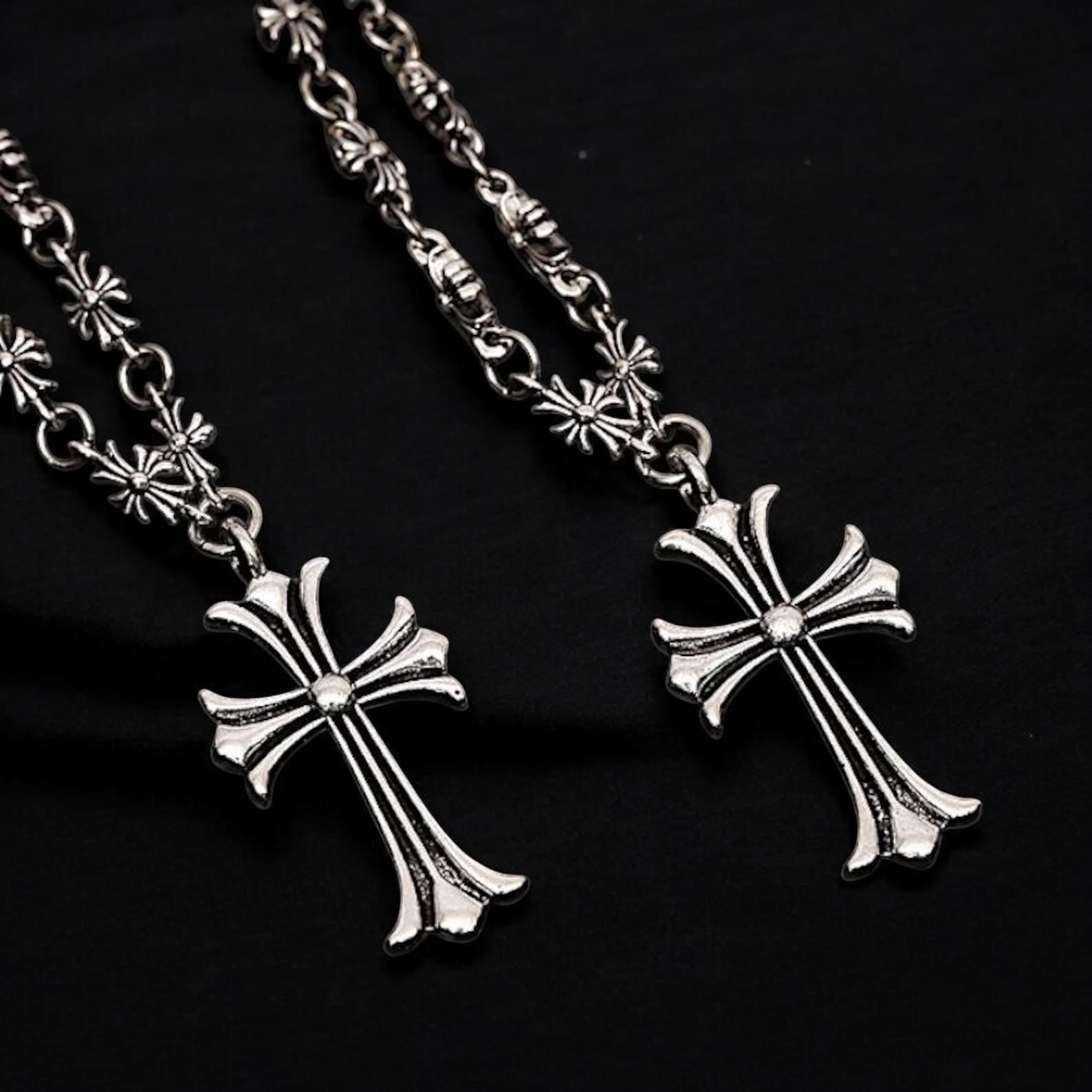 CH Gothic Rosary Necklace | Y2K Punk Cross Pendant | Chrome Chain Jewelry | Gothic Necklace for Men & Women Alt Style
