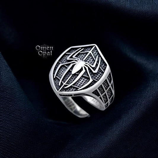 Silver Spiderman Superhero Shield Ring for Men | Oxidized Heroic Symbol Jewelry | Marvel-Inspired Men’s Ring | Unique Hero Gift