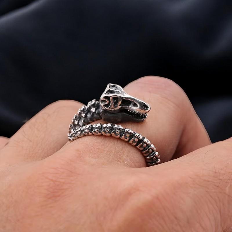 925 Sterling Silver Dinosaur Bone Ring | Adjustable Gothic Fossil Ring for Men | Antique Open Band Punk Jewelry | Unique Gift for Him