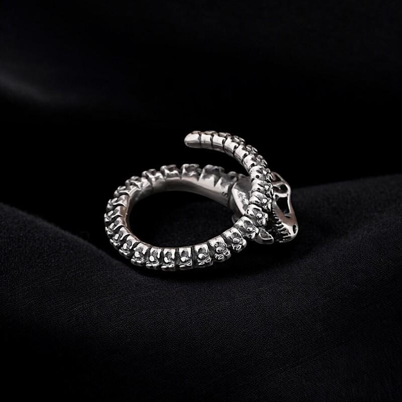 925 Sterling Silver Dinosaur Bone Ring | Adjustable Gothic Fossil Ring for Men | Antique Open Band Punk Jewelry | Unique Gift for Him