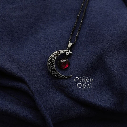 Gothic Moon Necklace, Crescent Moon Pendant with Gemstone, Witchy Lunar Jewelry, Occult Wiccan Necklace, Gothic Gift for Her