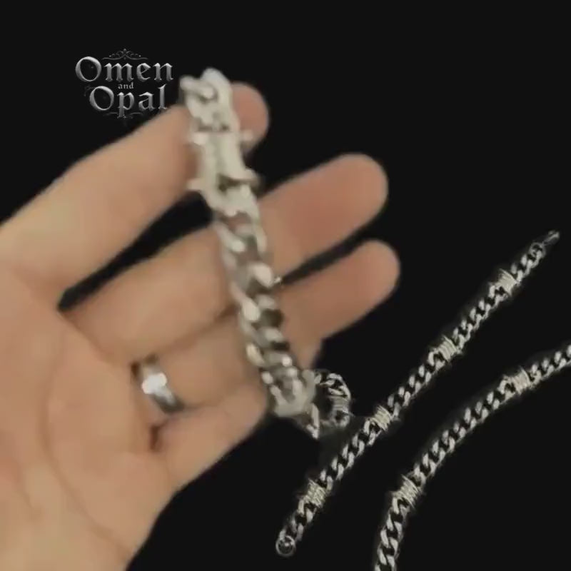 Barbed Wire Necklace and Bracelet, Cuban Chain, Barbed Wire Bracelet, Gothic Punk Jewelry, Chunky Necklace, Gift for Him, Mens Accessories